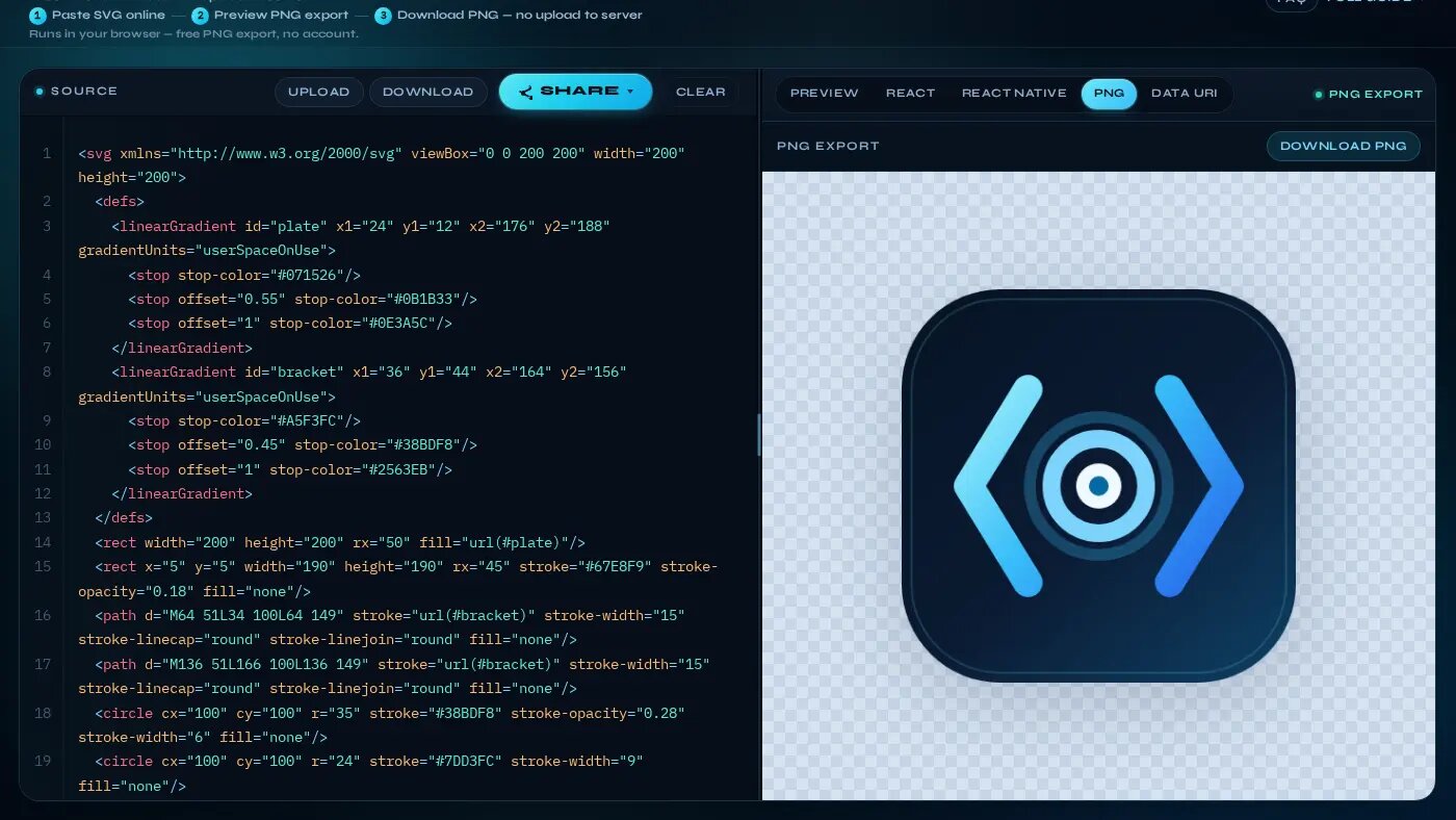 SVGEditor with the SVG source on the left and a transparent PNG preview with the Download PNG button on the right